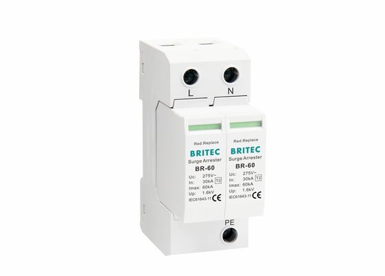 プラグイン可能なモジュールと UL94-V0 熱可塑性樹脂を備えた 60kA 放電電流サージアレスタ、AC 電源保護用
